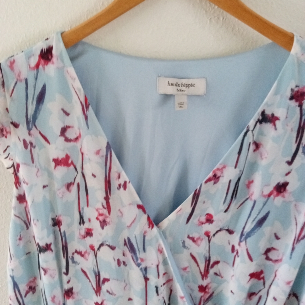 HAUTE HIPPIE Blue Sky Cherry Blossoms Ruffled Maxi Dress | XL - Picture 5 of 10